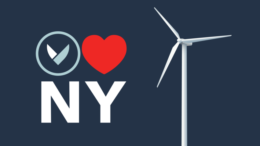I Love NY graphic with a wind turbine on a dark background, symbolizing renewable energy in New York.
