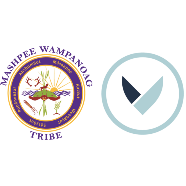Mashpee Wampanoag Tribe seal next to a stylized blue checkmark logo on a white background.