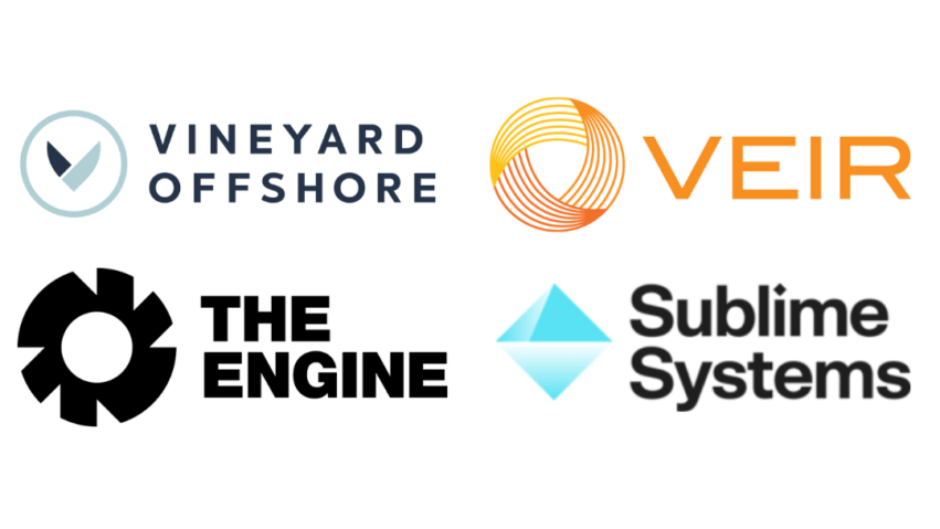 Logos of Vineyard Offshore, VEIR, The Engine, and Sublime Systems displayed on a white background.