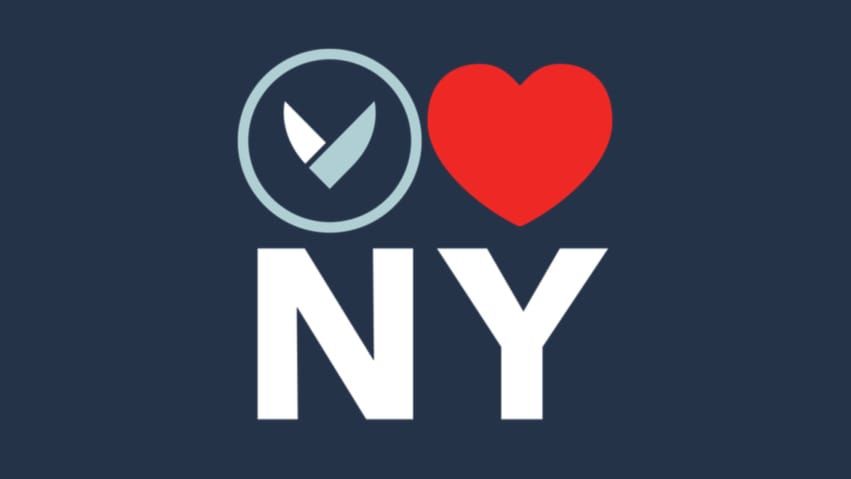 Logo with a checkmark inside a circle, a red heart, and the letters "NY" on a dark blue background.