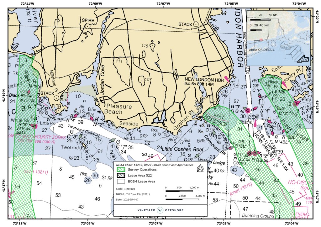 Nautical chart of New London Harbor and surroundings with marked coordinates and water depths.