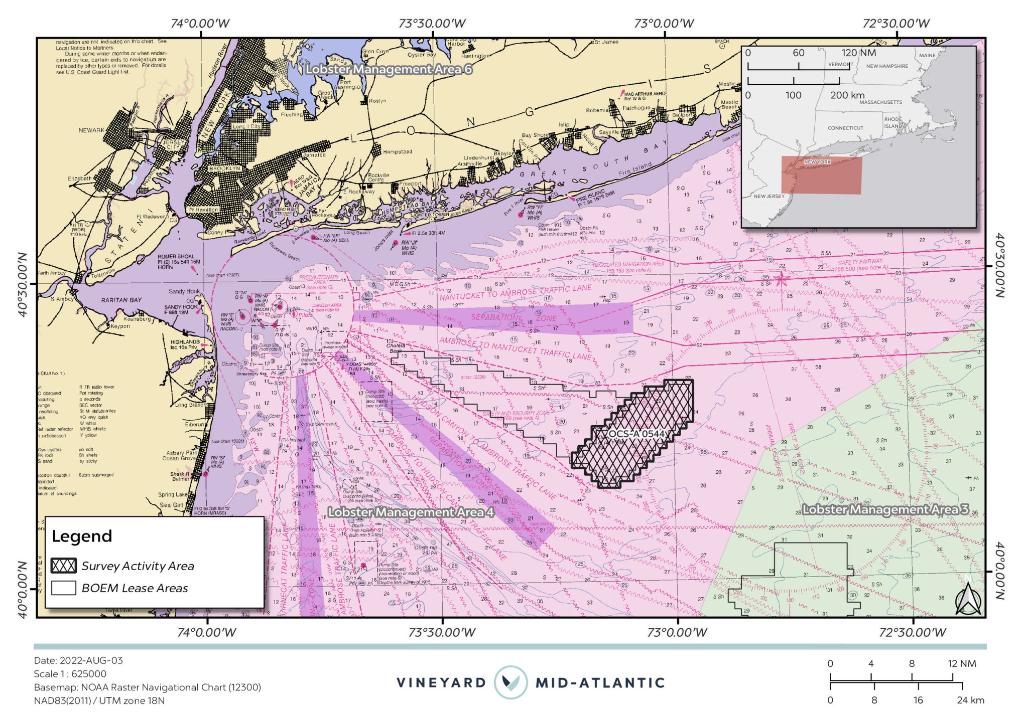 Map showing Vineyard Mid-Atlantic survey activity and BOEM lease areas off the coasts of Delaware, Maryland, and New Jersey.