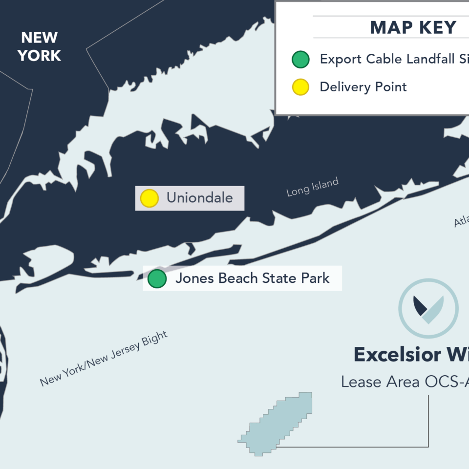 Map showing export cable landfall site at Jones Beach State Park and delivery point at Uniondale in New York area.