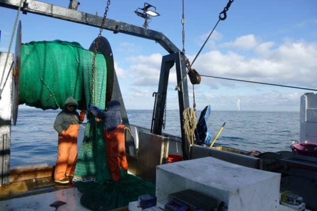Fishermen in orange gear on a boat's deck managing green nets with ocean backdrop on a clear day.